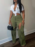 Solid Cutout Pants Olive