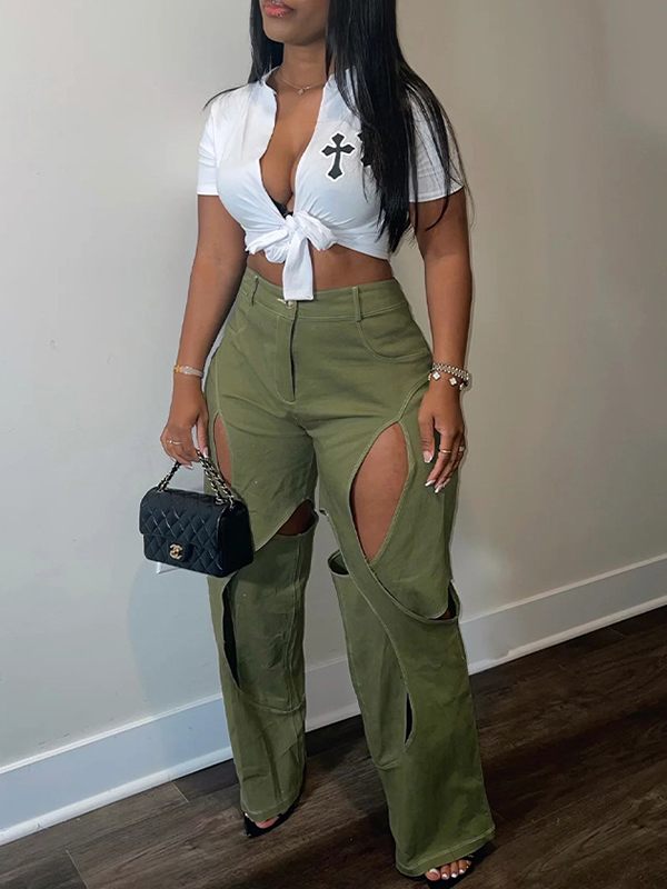 Solid Cutout Pants Olive