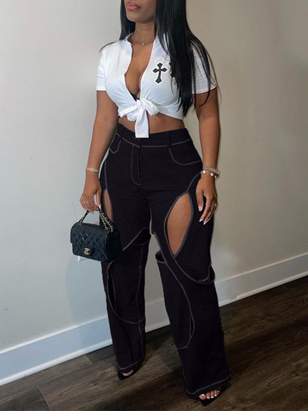 Solid Cutout Pants Black