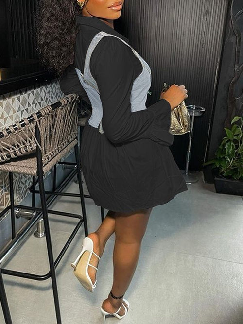 Bell-Sleeve Shirt Dress with Denim Vest--Clearance