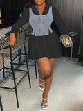 Bell-Sleeve Shirt Dress with Denim Vest--Clearance Black S