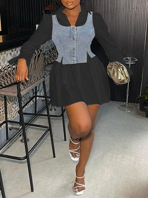 Bell-Sleeve Shirt Dress with Denim Vest--Clearance Black S