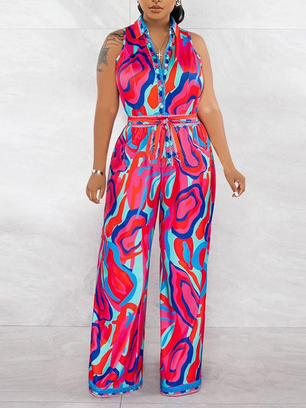 Printed Sleeveless Tied Jumpsuit--Clearance Rose S