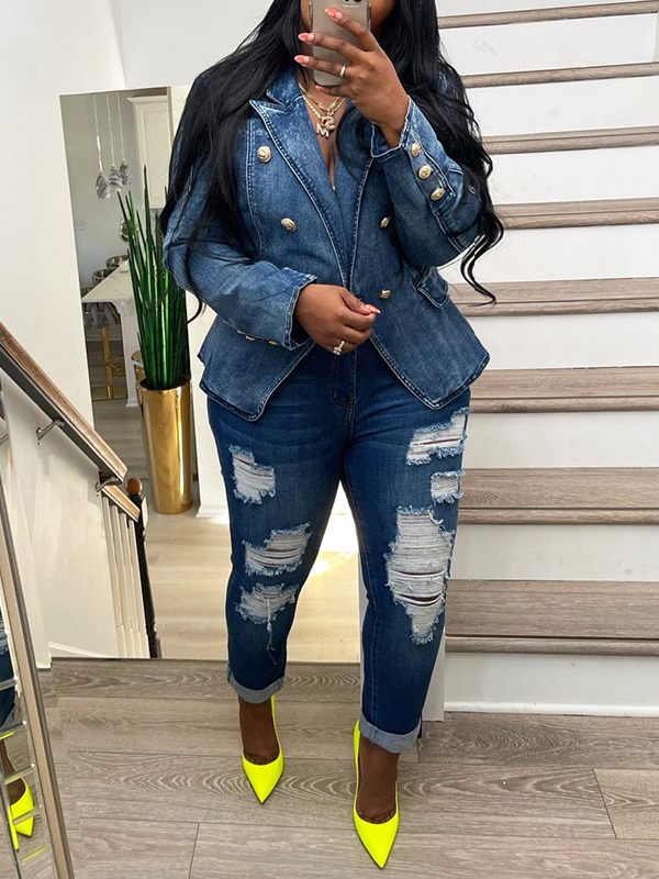Double Breasted Denim Blazer Dark Wash Blue