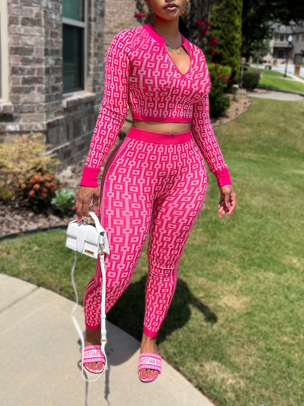 Printed Zip-Front Top & Pants Set Hot Pink