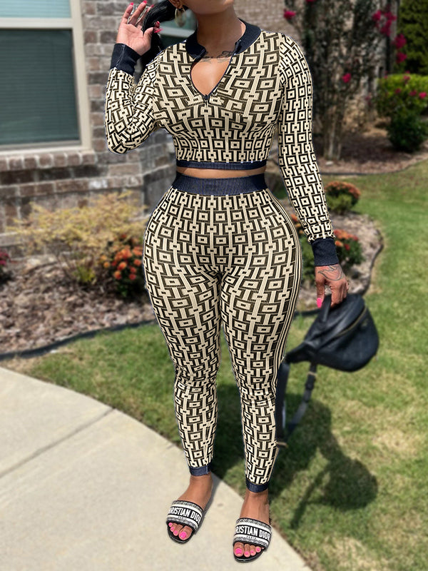 Printed Zip-Front Top & Pants Set Khaki
