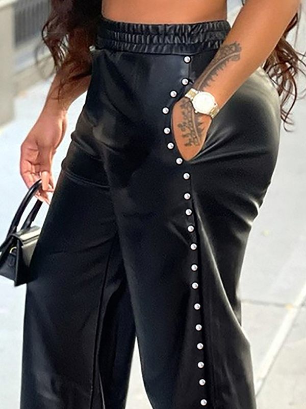 Studded Slit Faux-Leather Pants--Clearance