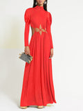 Lace-up Mock Neck Maxi Dress--Clearance Red