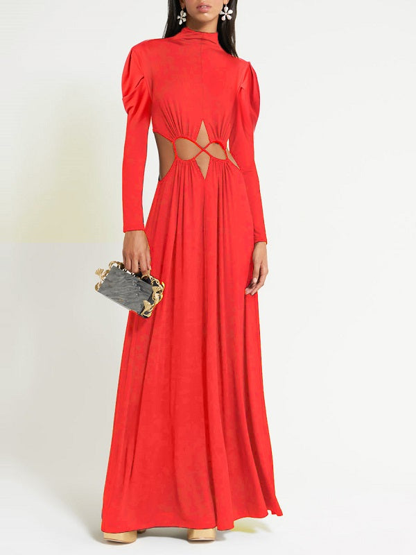 Lace-up Mock Neck Maxi Dress--Clearance Red