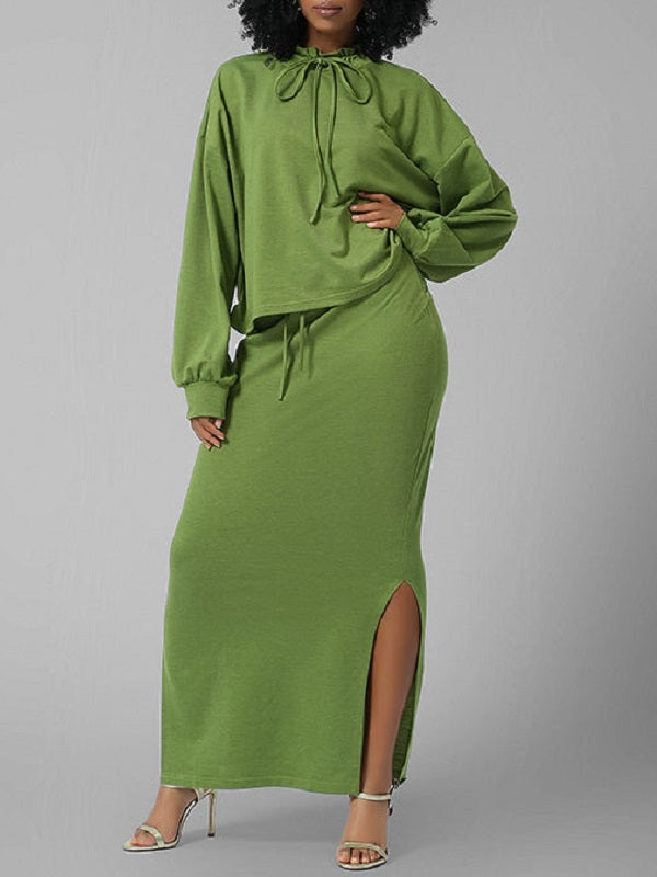 Tied Neck Top & Slit Skirt Set--Clearance Green