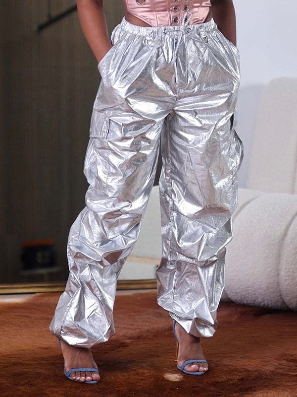 Metallic Cargo Pants--Clearance Silver L