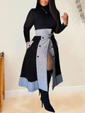 Mock-Neck Tee & Plaid Combo Skirt Set Black