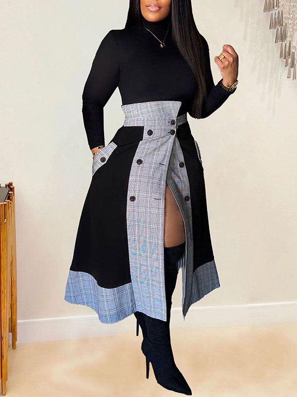 Mock-Neck Tee & Plaid Combo Skirt Set Black