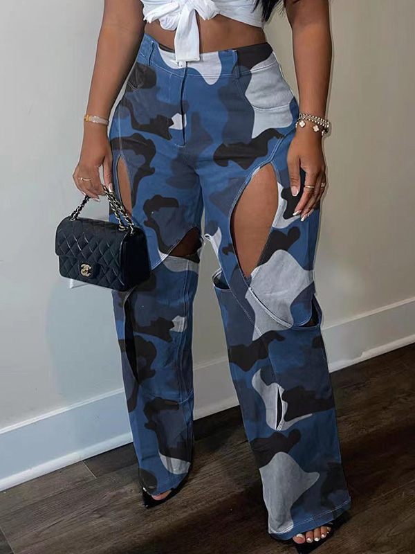 Camo Cutout Pants Blue