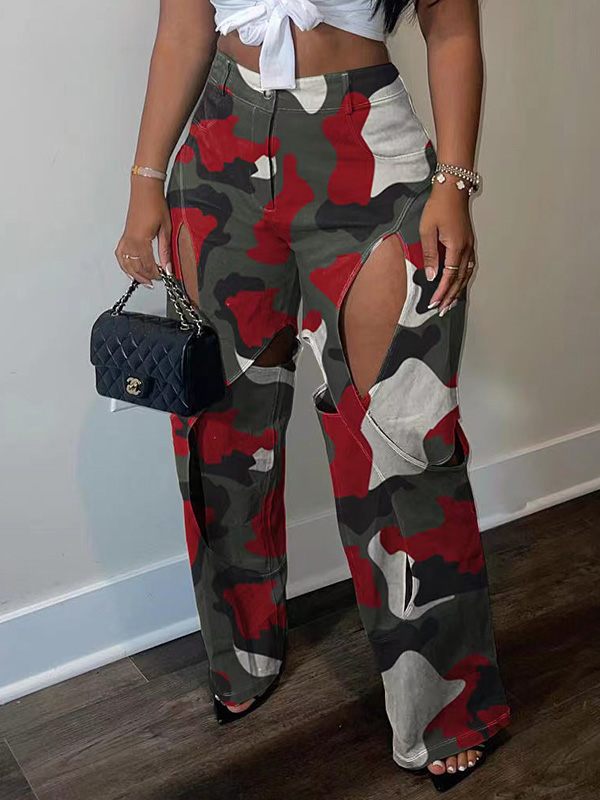 Camo Cutout Pants Red
