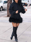 Feather Combo Hooded Dress Black