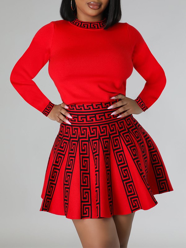 Printed Pleated Dress Red