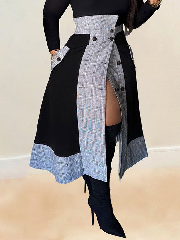 Plaid Combo Button Skirt--Clearance Black