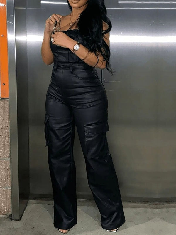Faux Leather Strapless Jumpsuit Black