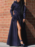 Solid Hoodie & Slit Skirt Set Navy