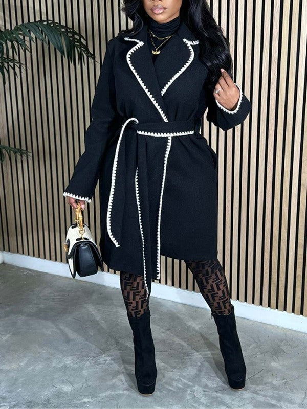 Piping Tied Overcoat--Clearance Black S