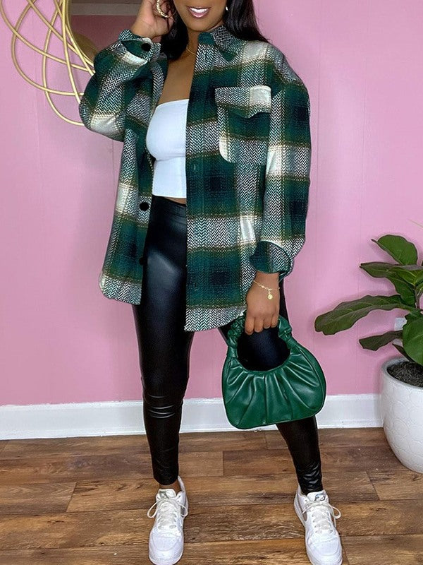 Plaid Shirt Jacket--Clearance Green S