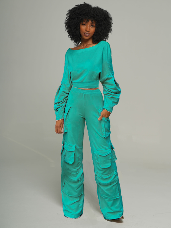 Twisted Top & Cargo Pants Set Lake Green
