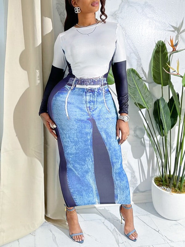 Denim Print Dress--Clearance Blue S