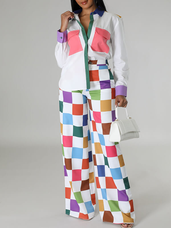 Colorblock Shirt & Wide-Leg Pants Set--Clearance Contrast Colors