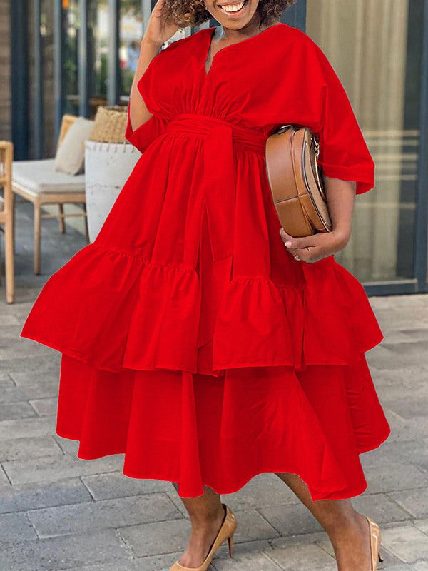 Solid V-Neck Tied Dress--Clearance Red 2XL