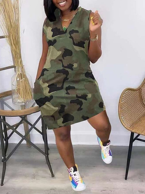 Camo V-Neck Sleeveless Dress--Clearance Olive