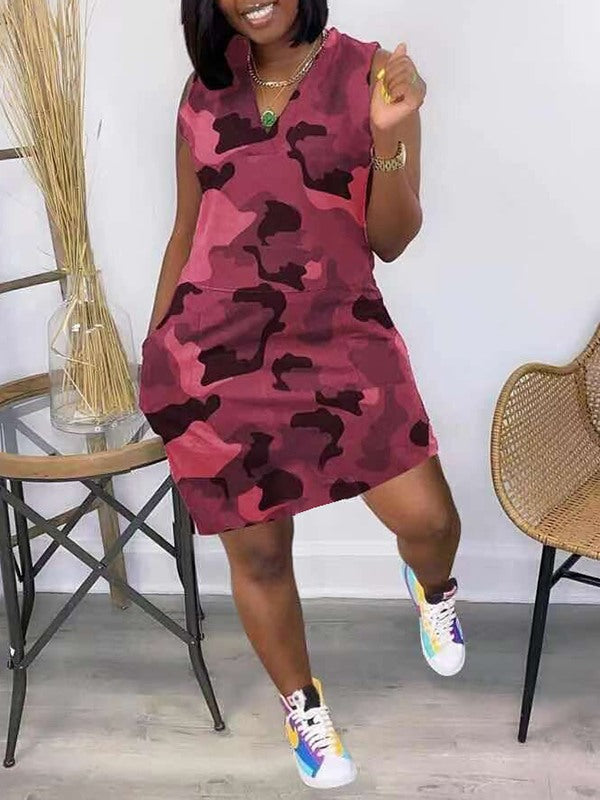 Camo V-Neck Sleeveless Dress--Clearance Red S