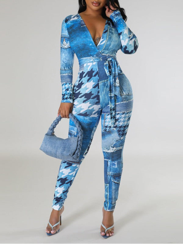 Printed Tied Jumpsuit--Clearance Blue S