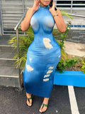 Denim Printed Sleeveless Dress Blue