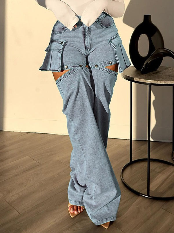 Detachable Cargo Jeans--Clearance Light Wash Blue M