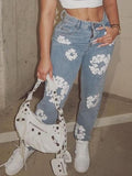 Floral Print Jeans--Clearance Light Wash Blue L