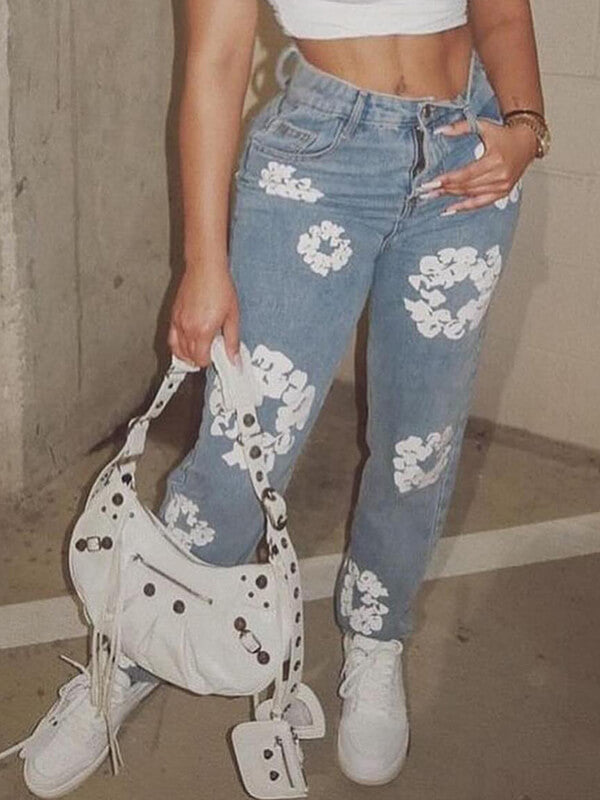 Floral Print Jeans--Clearance Light Wash Blue L