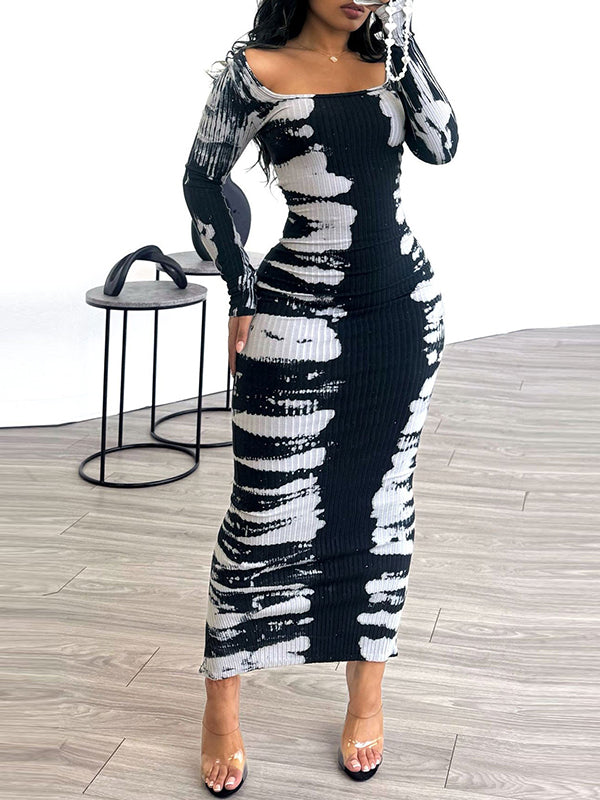 Printed Slit Ribbed Dress--Clearance Black S