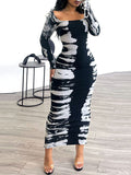 Printed Slit Ribbed Dress--Clearance Black S