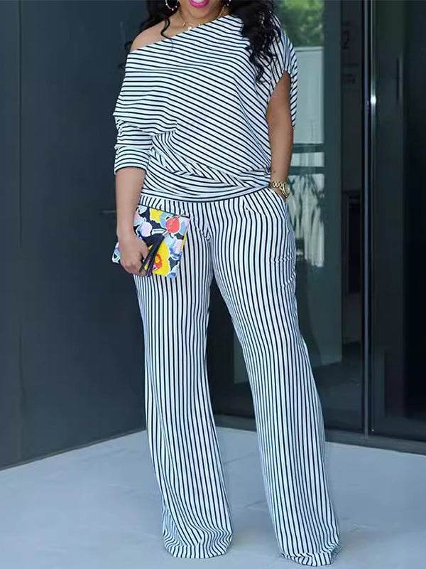 Stripe Boat-Neck Top & Pants Set White