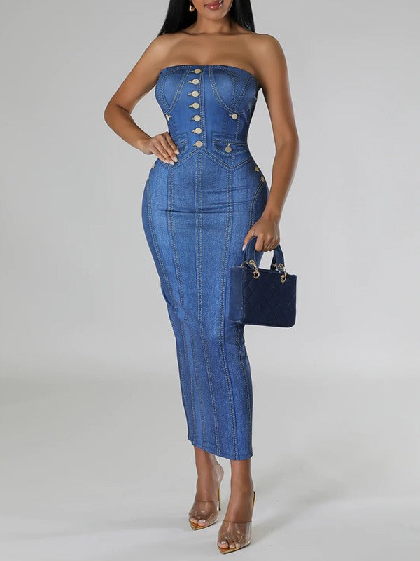 Printed Strapless Dress--Clearance Blue S