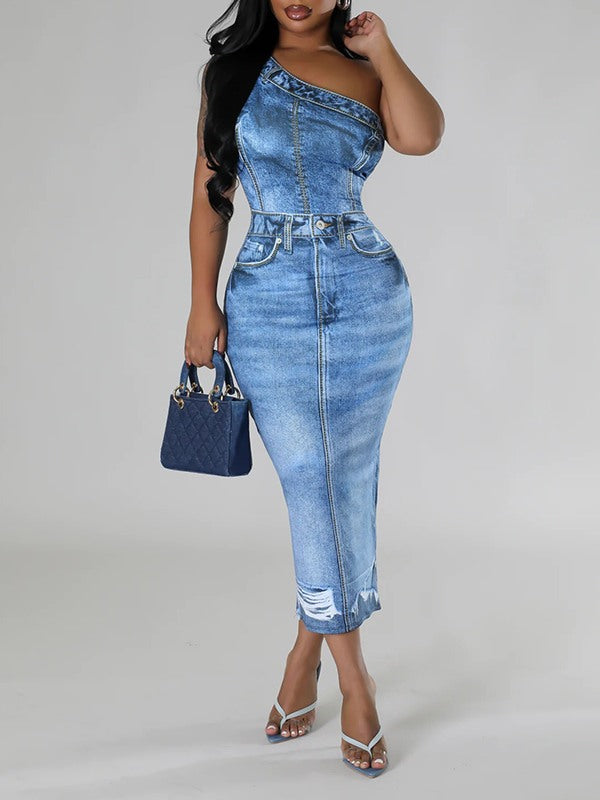 Printed One-Shoulder Dress--Clearance Blue S