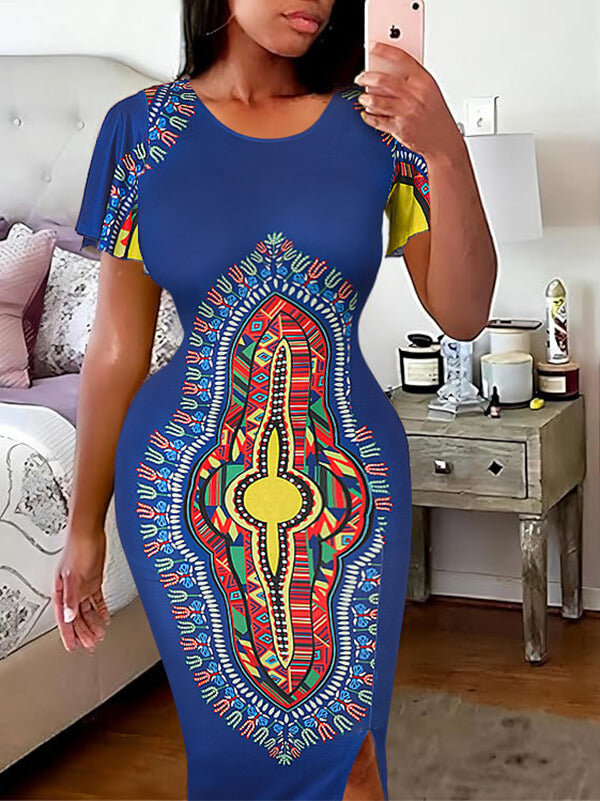 Printed Slit Dress--Clearance Navy S