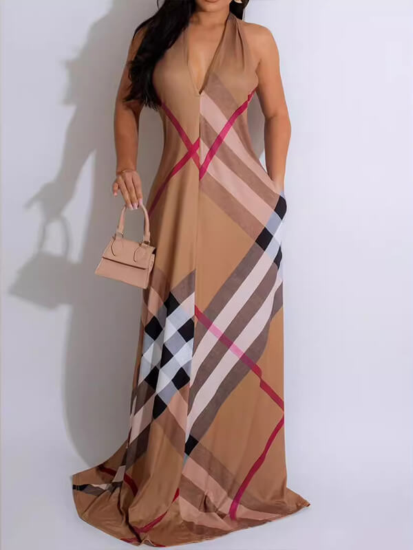 Plaid Halter Maxi Dress--Clearance Khaki S