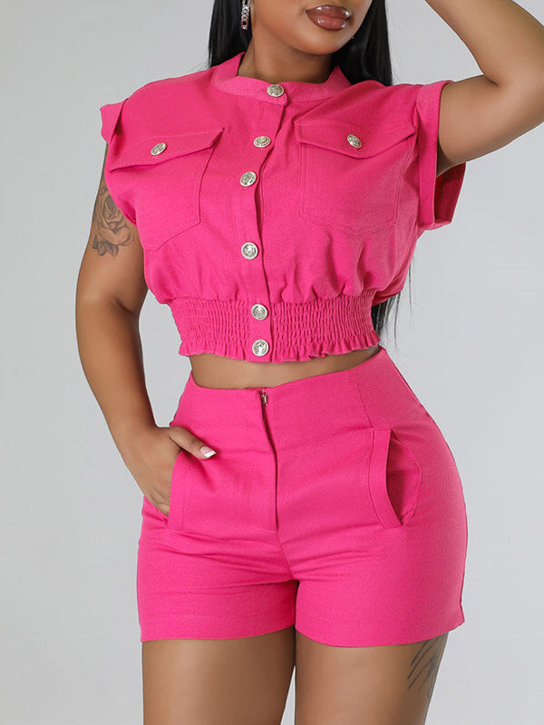 Button-Front Shirt & Shorts Set--Clearance Hot Pink S