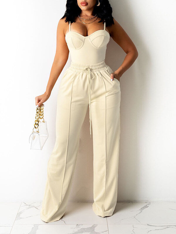 Solid Cami Top & Wide-Leg Pants Set Beige