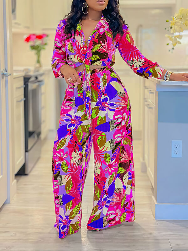 Printed Shirt & Wide-Leg Pants Set Hot Pink