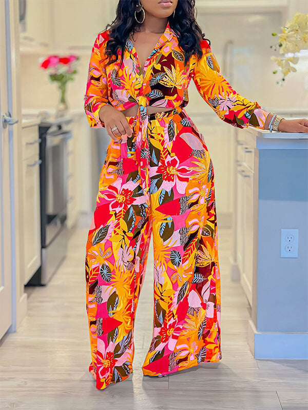 Printed Shirt & Wide-Leg Pants Set Orange