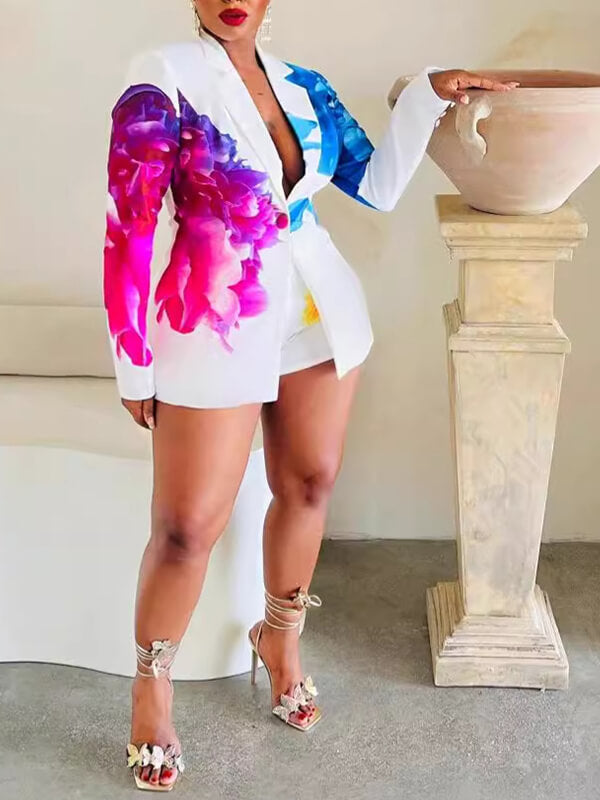 Printed Blazer & Shorts Set White