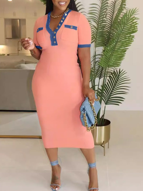 Denim-Combo Button-Front Dress Coral